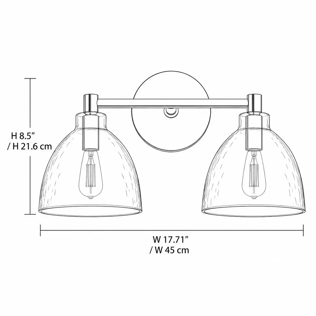 Dimension drawing of the two-head wall sconce, 17.71 inches wide and 8.5 inches high