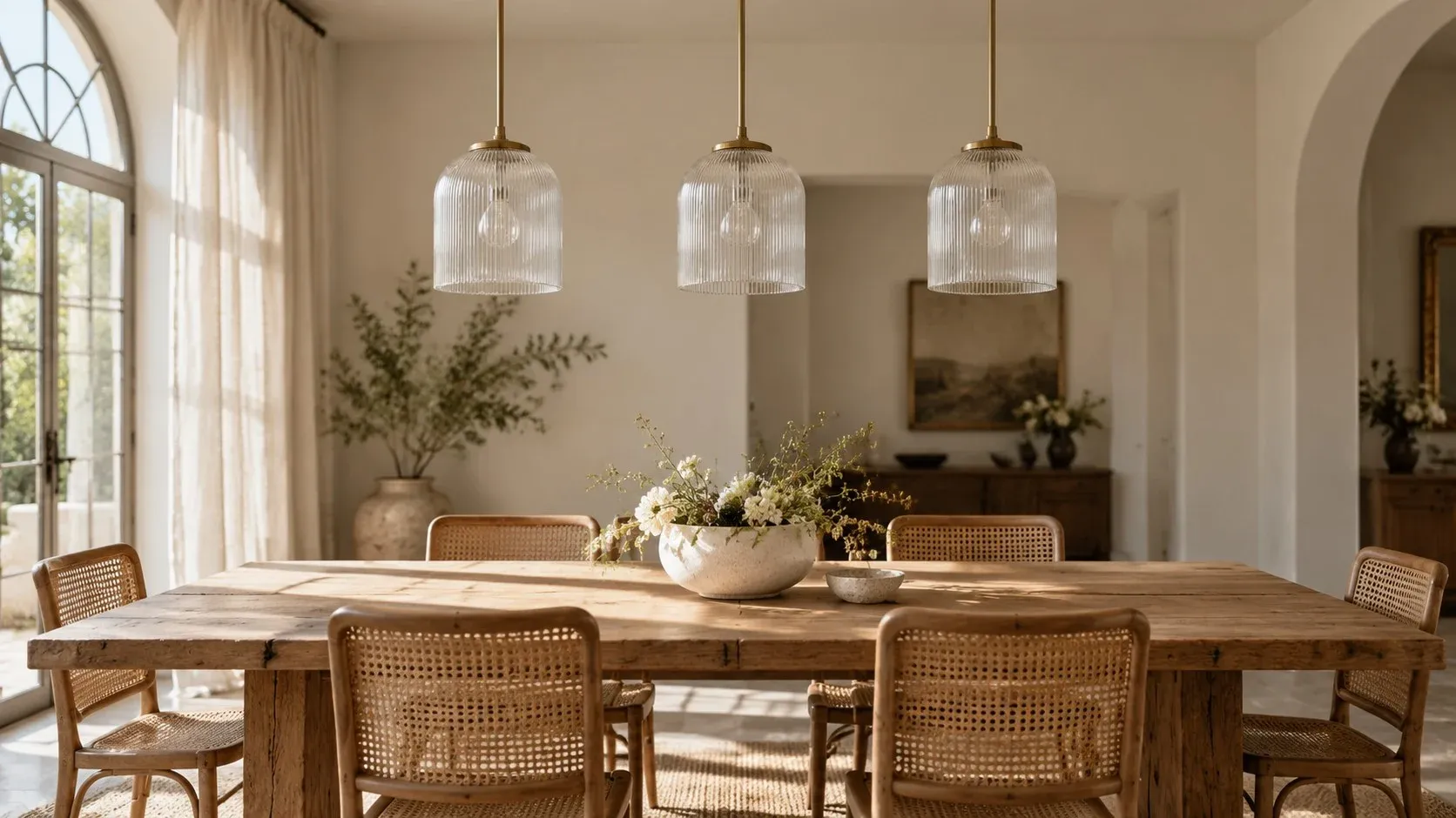 Three brass ribbed bell pendants over a dining table in daylight