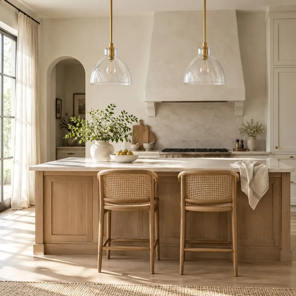 Two brass hammered-glass pendants unlit over a kitchen island in daylight