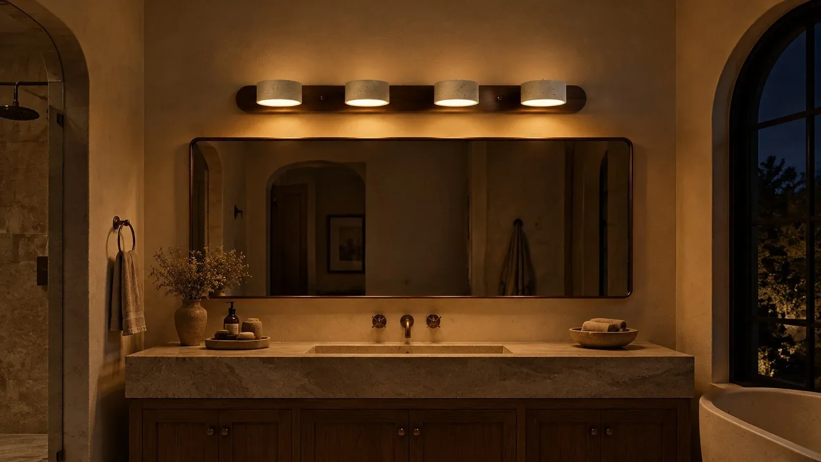 Four-light walnut sconce glowing above a bathroom mirror at night