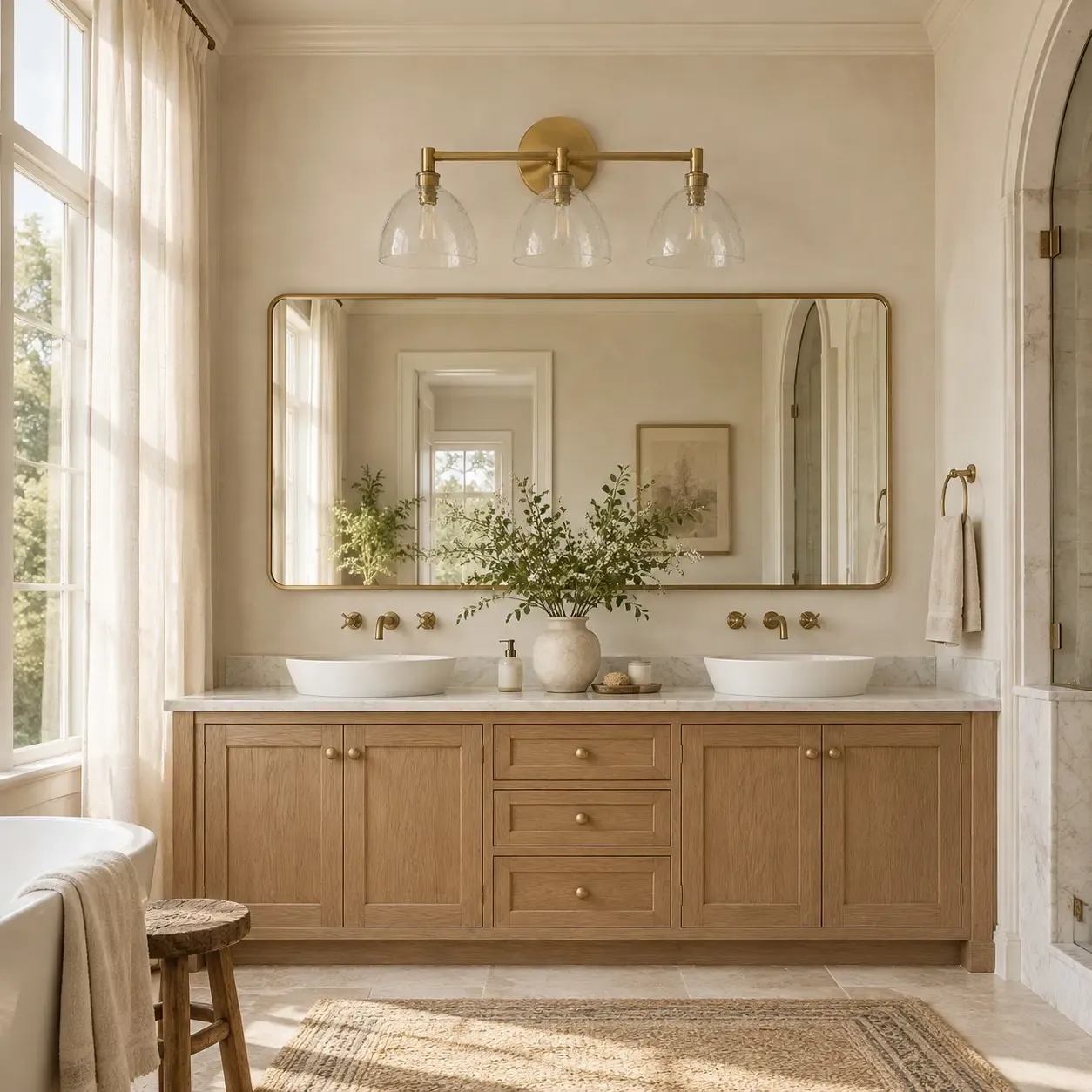 Three brass hammered-glass shades unlit over a double vanity in daylight