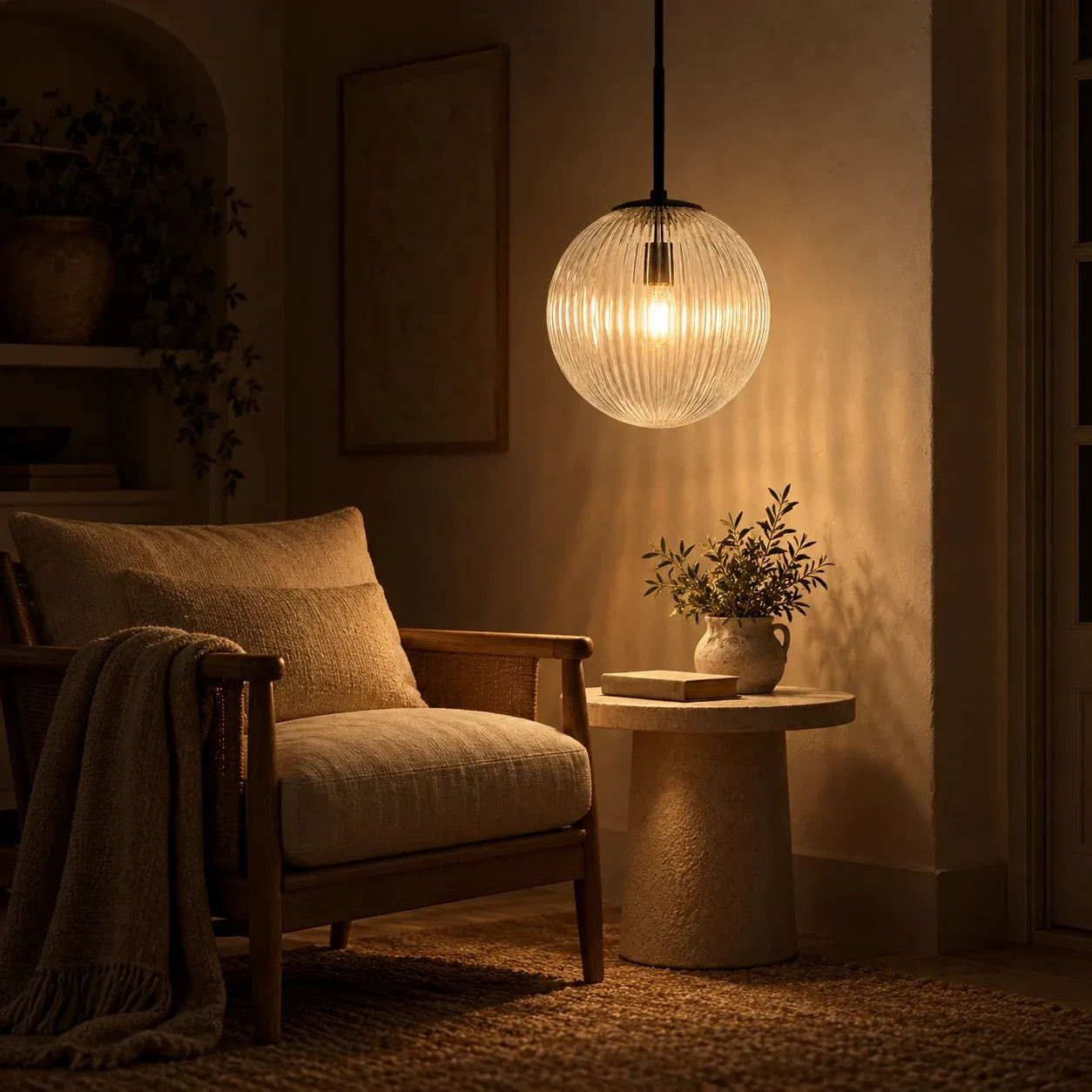 Black ribbed glass globe pendant lit beside a chair at night
