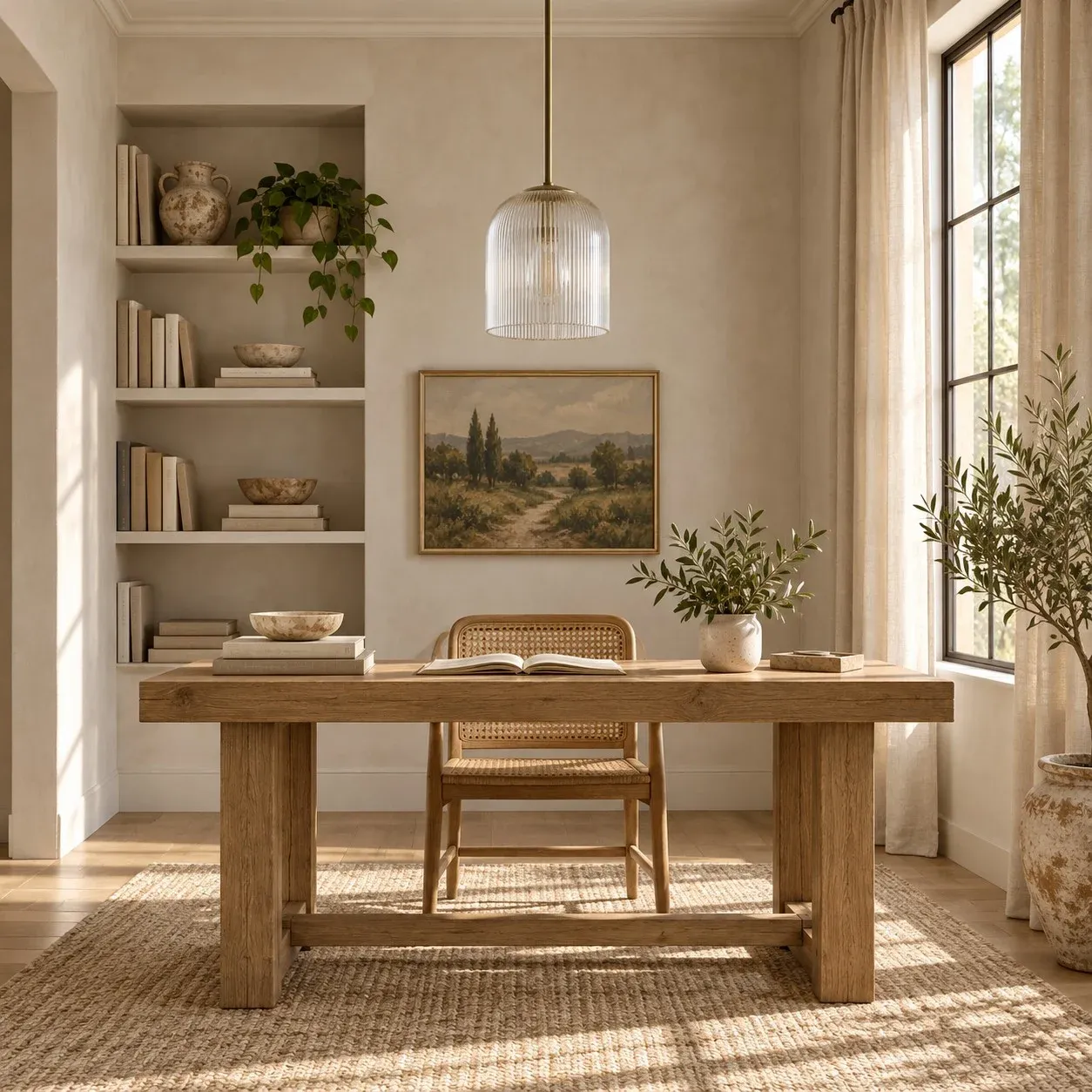 Brass ribbed glass pendant in a study in daylight