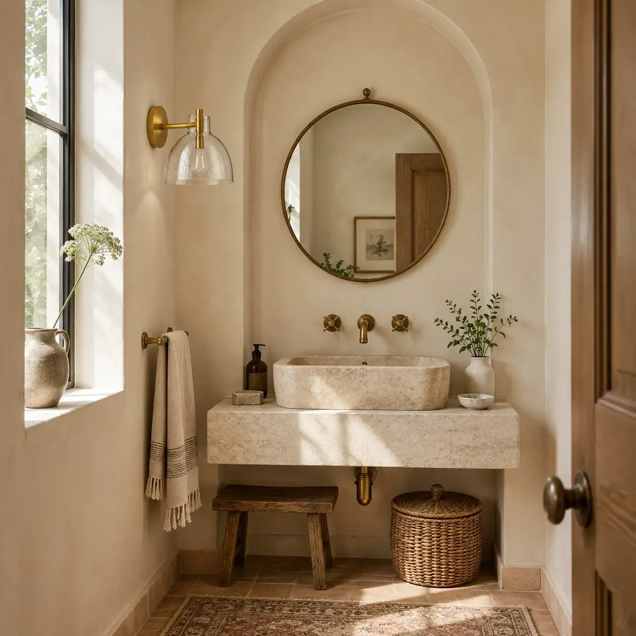 One brass hammered-glass wall sconce unlit beside an arched mirror in daylight