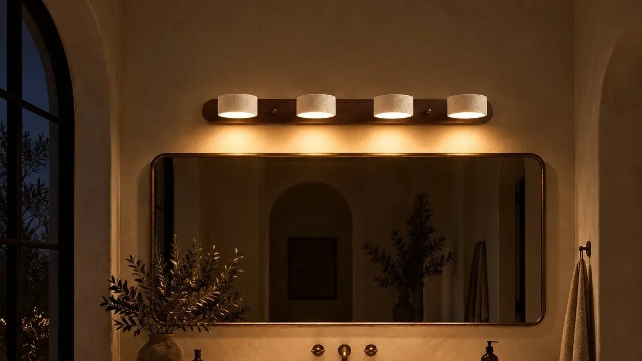 Four-light walnut sconce glowing above a bathroom sink at night