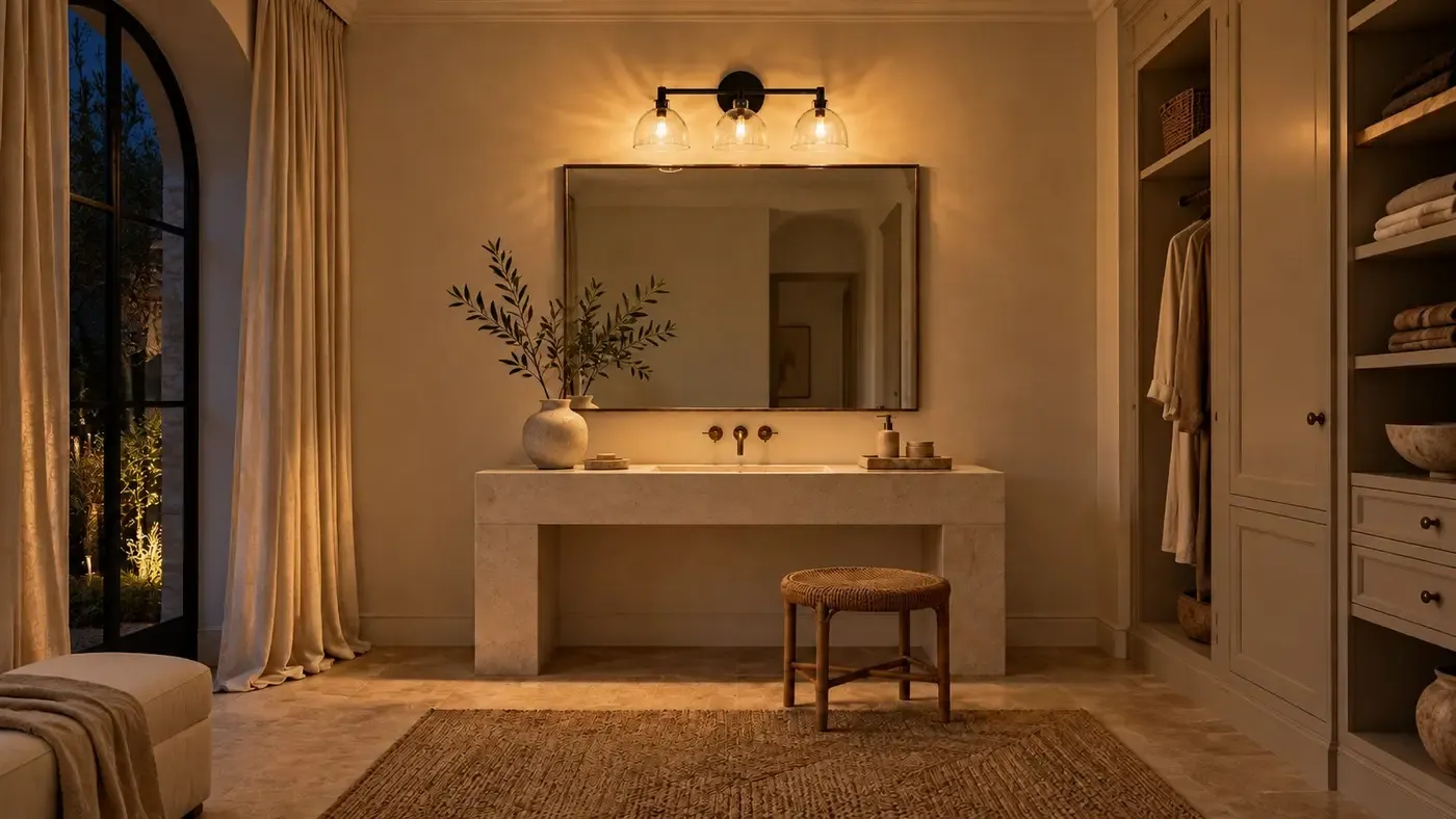 Three black hammered glass shades lit over a bathroom vanity at night