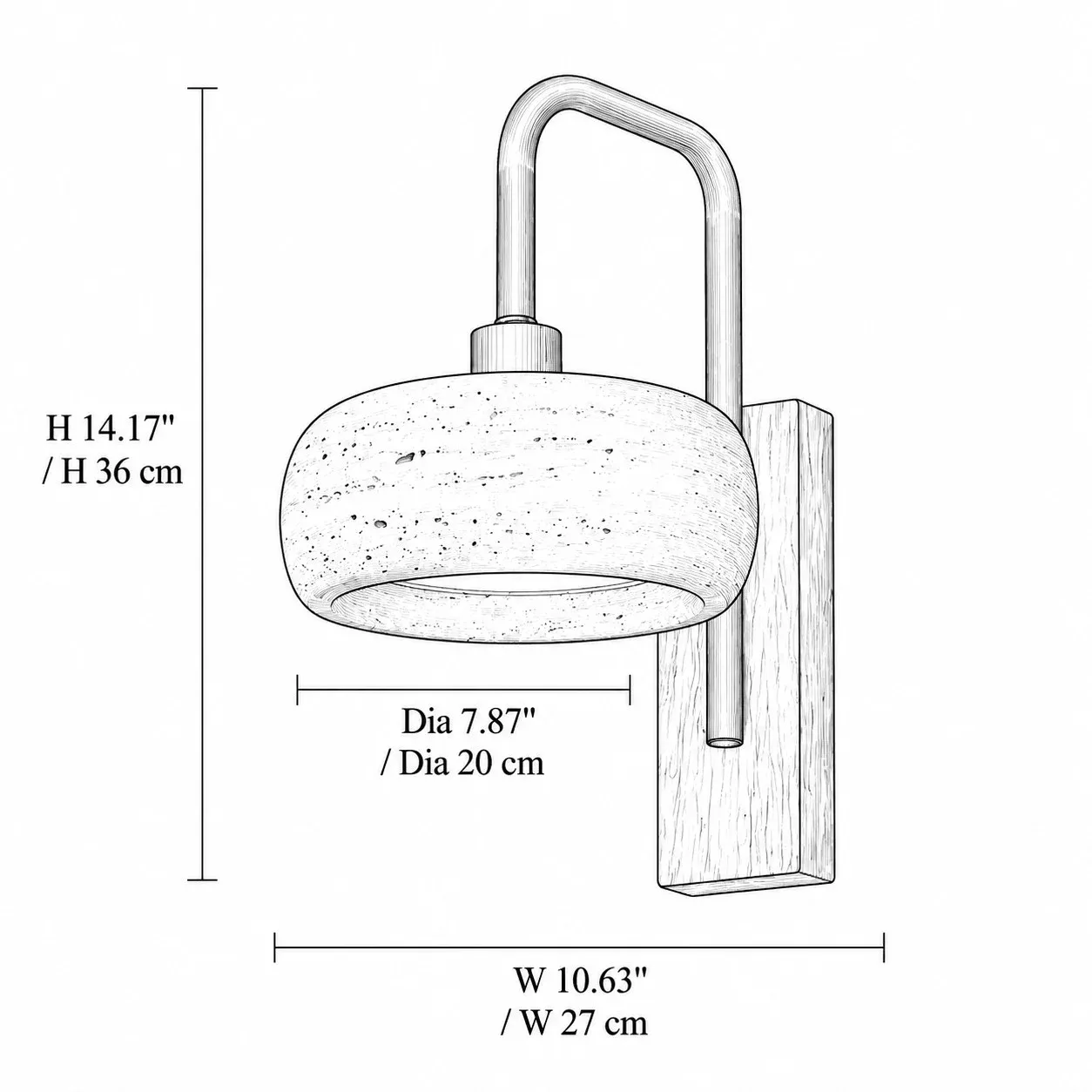 Dimension drawing of the rounded stone wall sconce, 14.17 inches high, 7.87 inch shade diameter, 10.63 inches wide