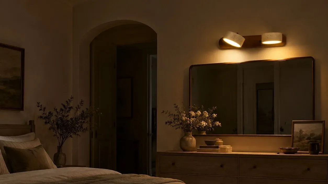 Two-light walnut sconce glowing above a bedroom dresser at night