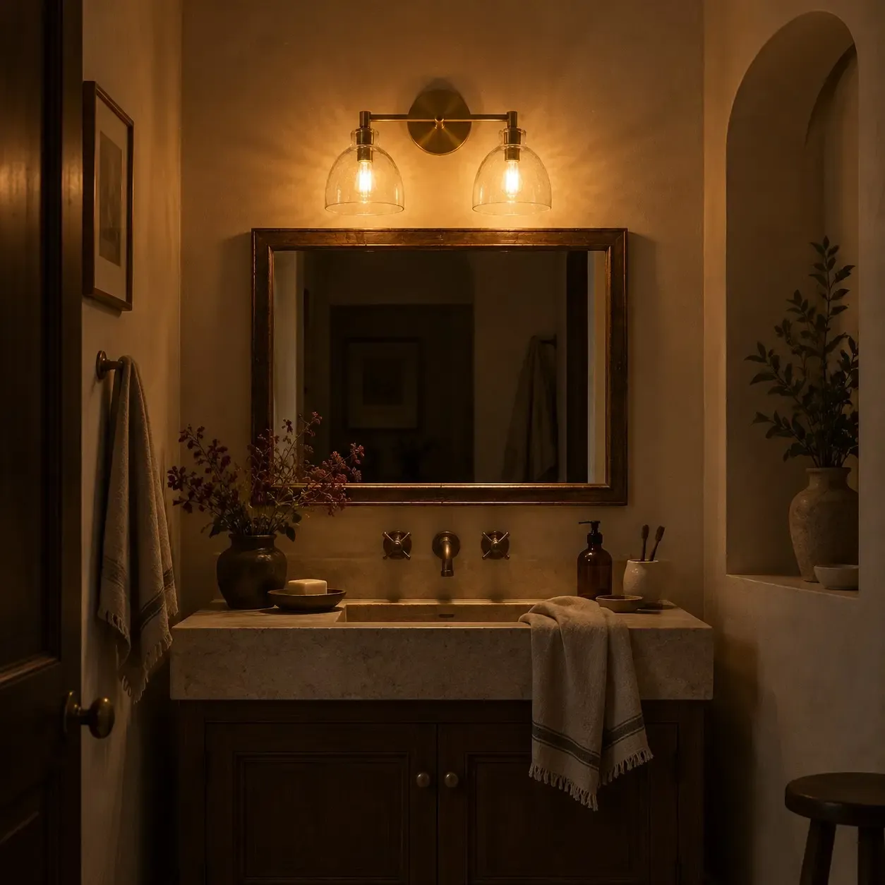 Two brass hammered-glass shades lit over a bathroom vanity at night