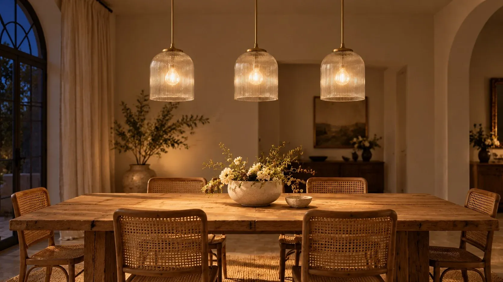 Three brass ribbed bell pendants lit over a dining table at night