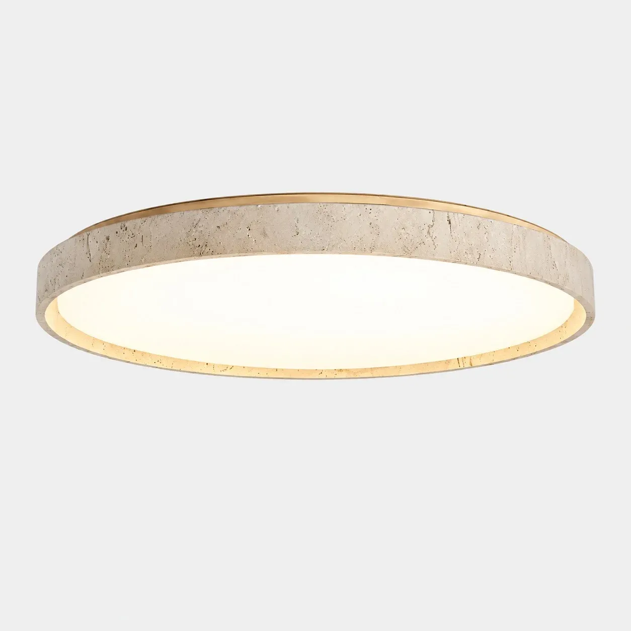 Round travertine flush mount in Wood Color and Yellow Travertine, with the diffuser lit