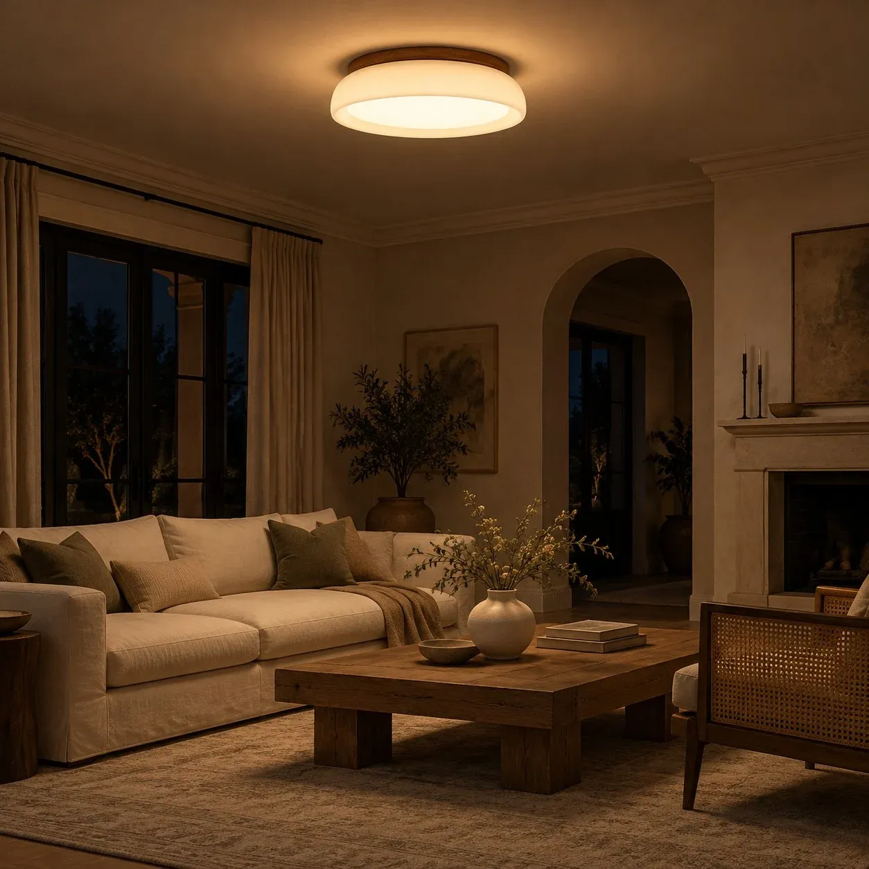 Frosted flush mount glowing in a living room at night
