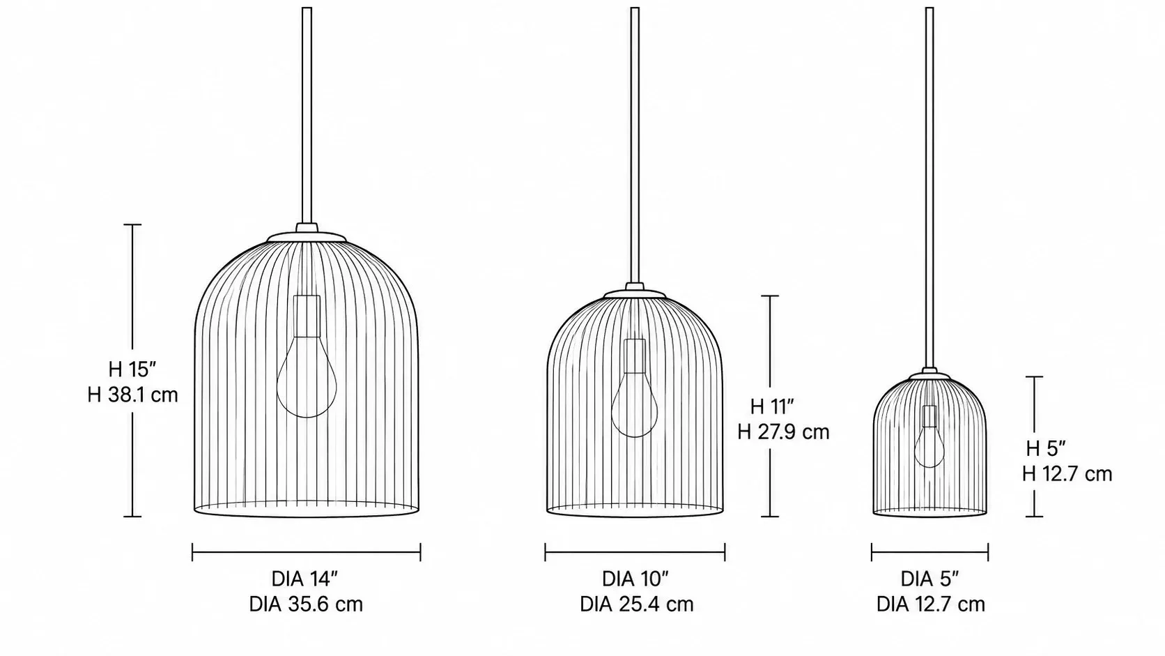 Dimension drawing of three ribbed glass bell pendants at 14, 10, and 5 inches