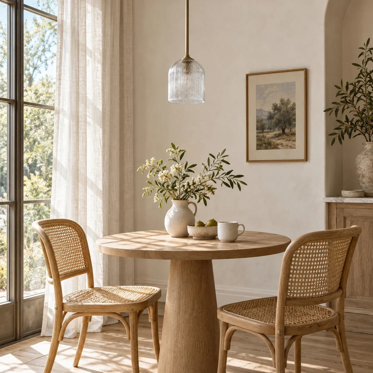 Small brass ribbed bell pendant over a dining table in daylight