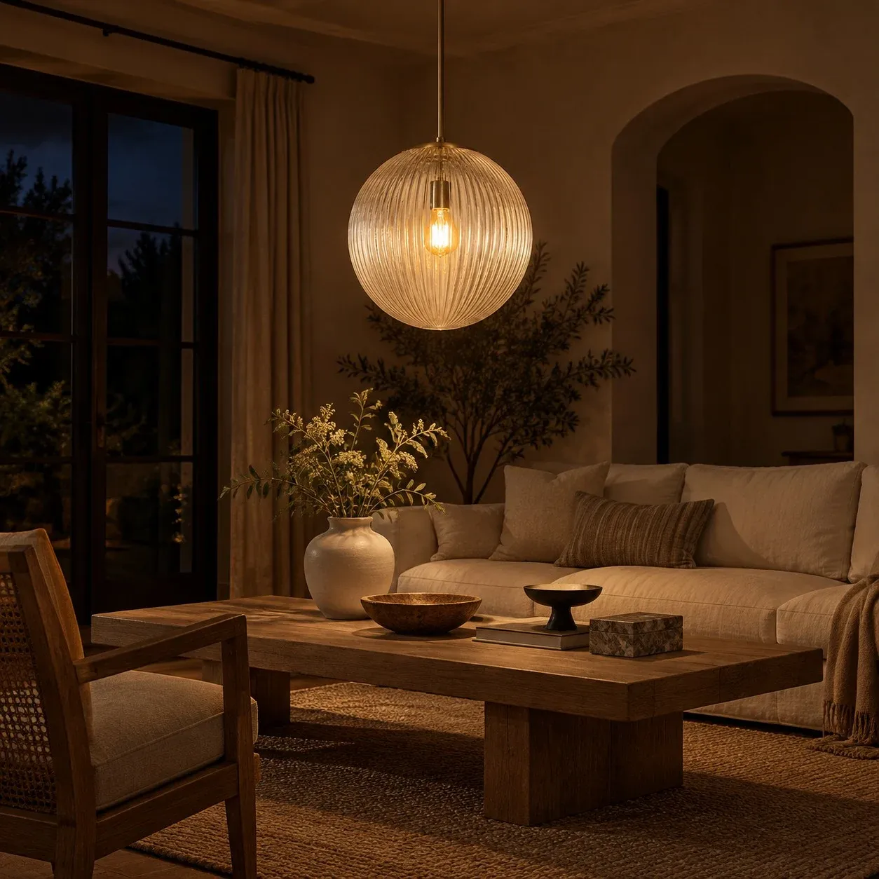 Brass ribbed glass globe pendant lit in a living room at night