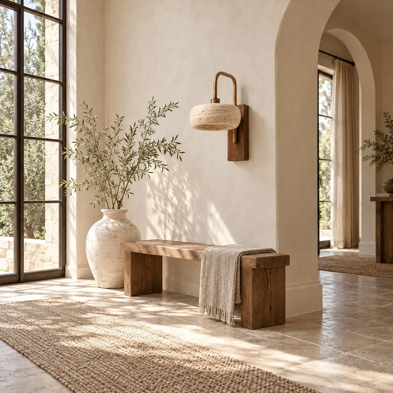 Rounded travertine and walnut wall sconce in a sunlit hallway