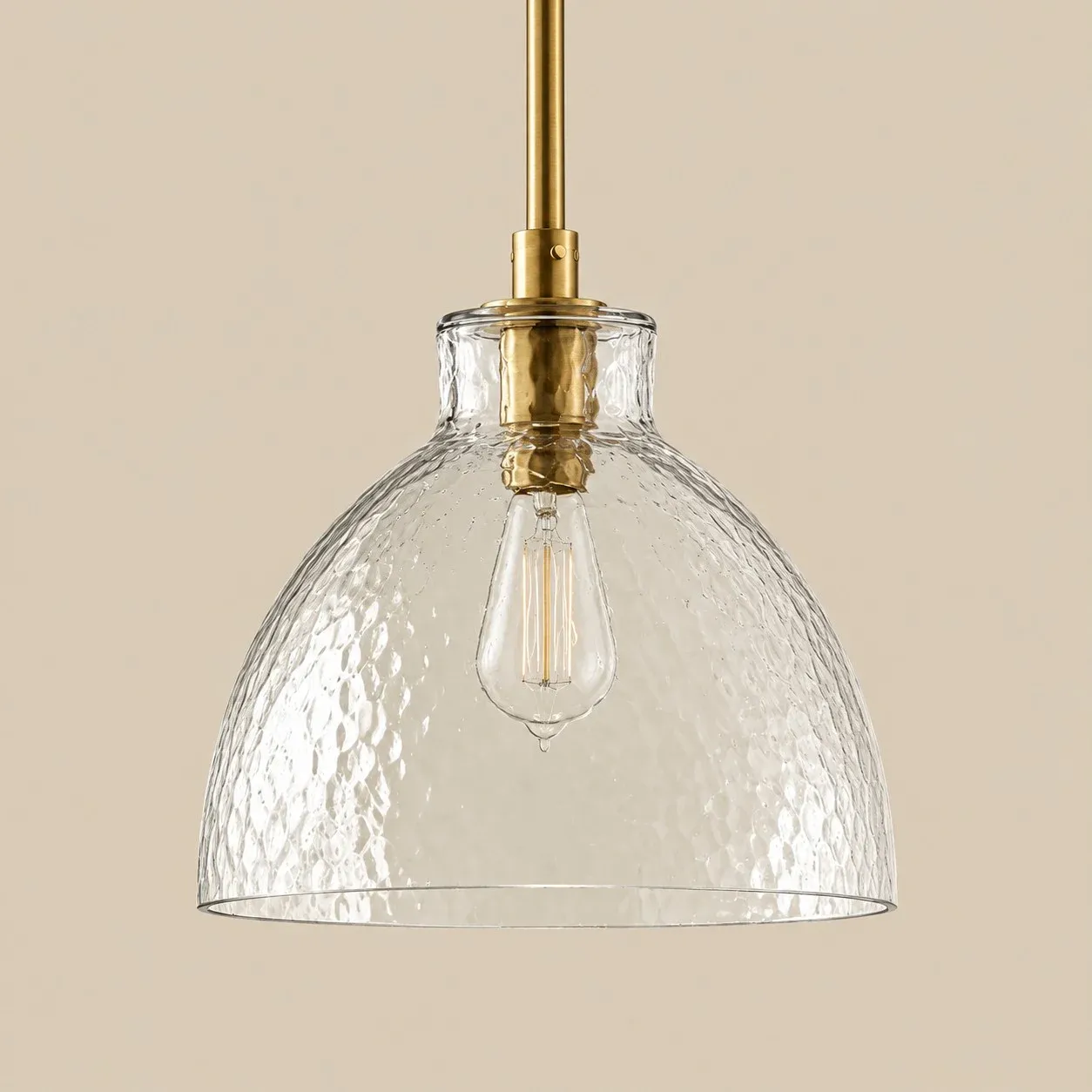 17 inch hammered glass bell pendant in Brass