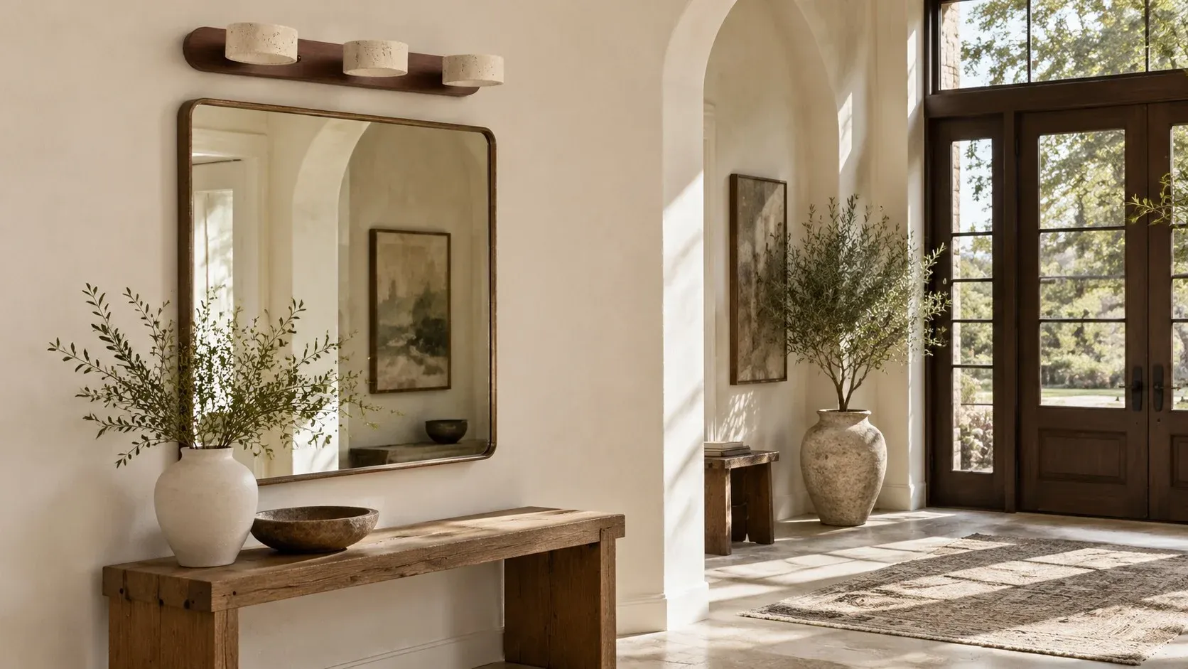 Three-light walnut sconce unlit in a daylit foyer