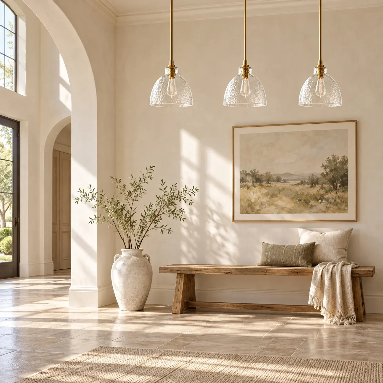Three brass hammered-glass bell pendants unlit in a daylight entry