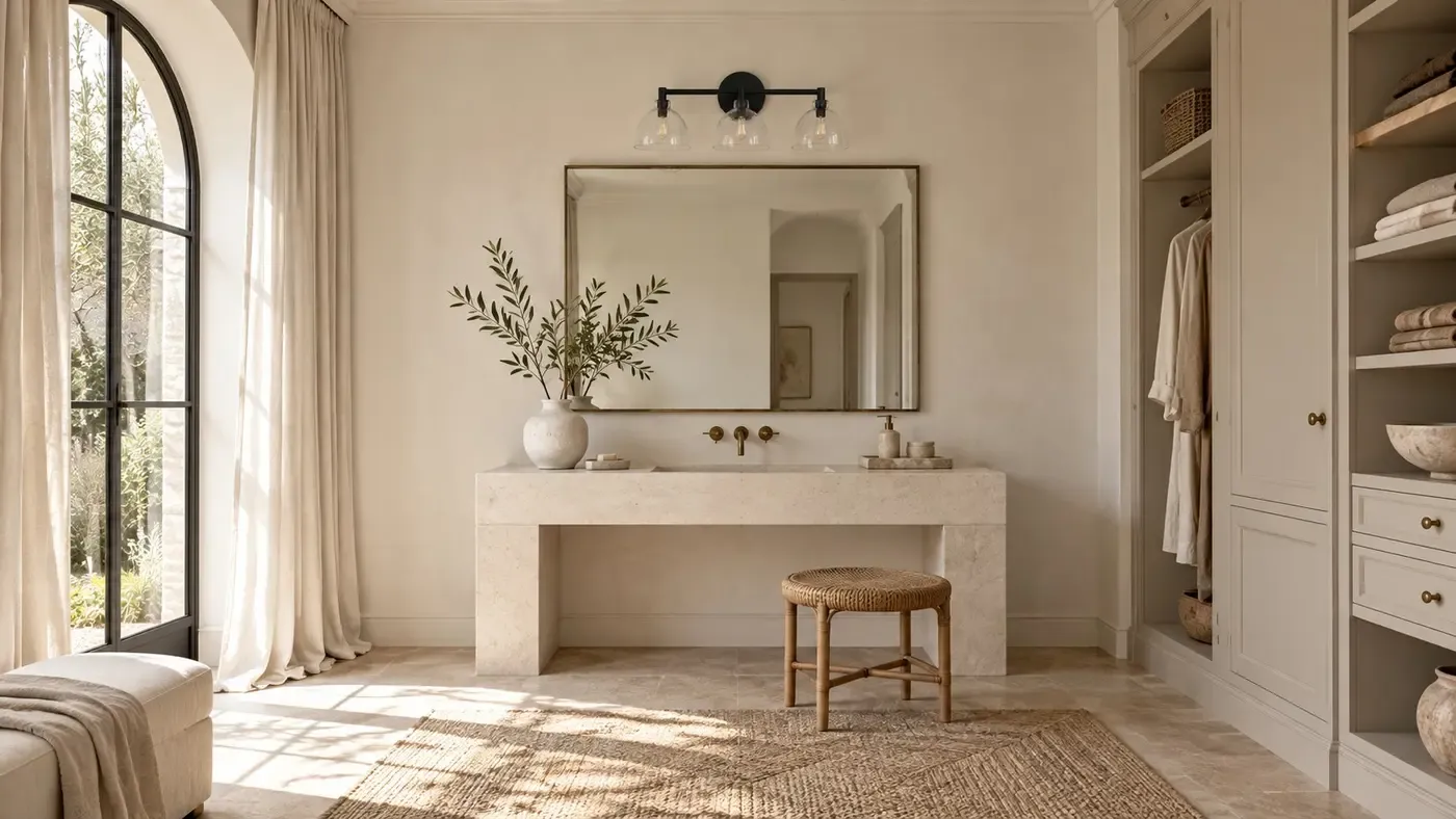 Three black hammered glass shades unlit over a bathroom vanity in daylight