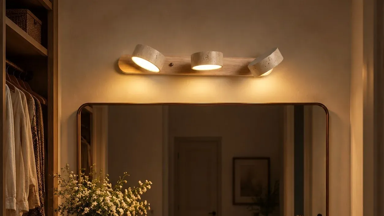 Three-light natural wood sconce glowing above a dressing table at night