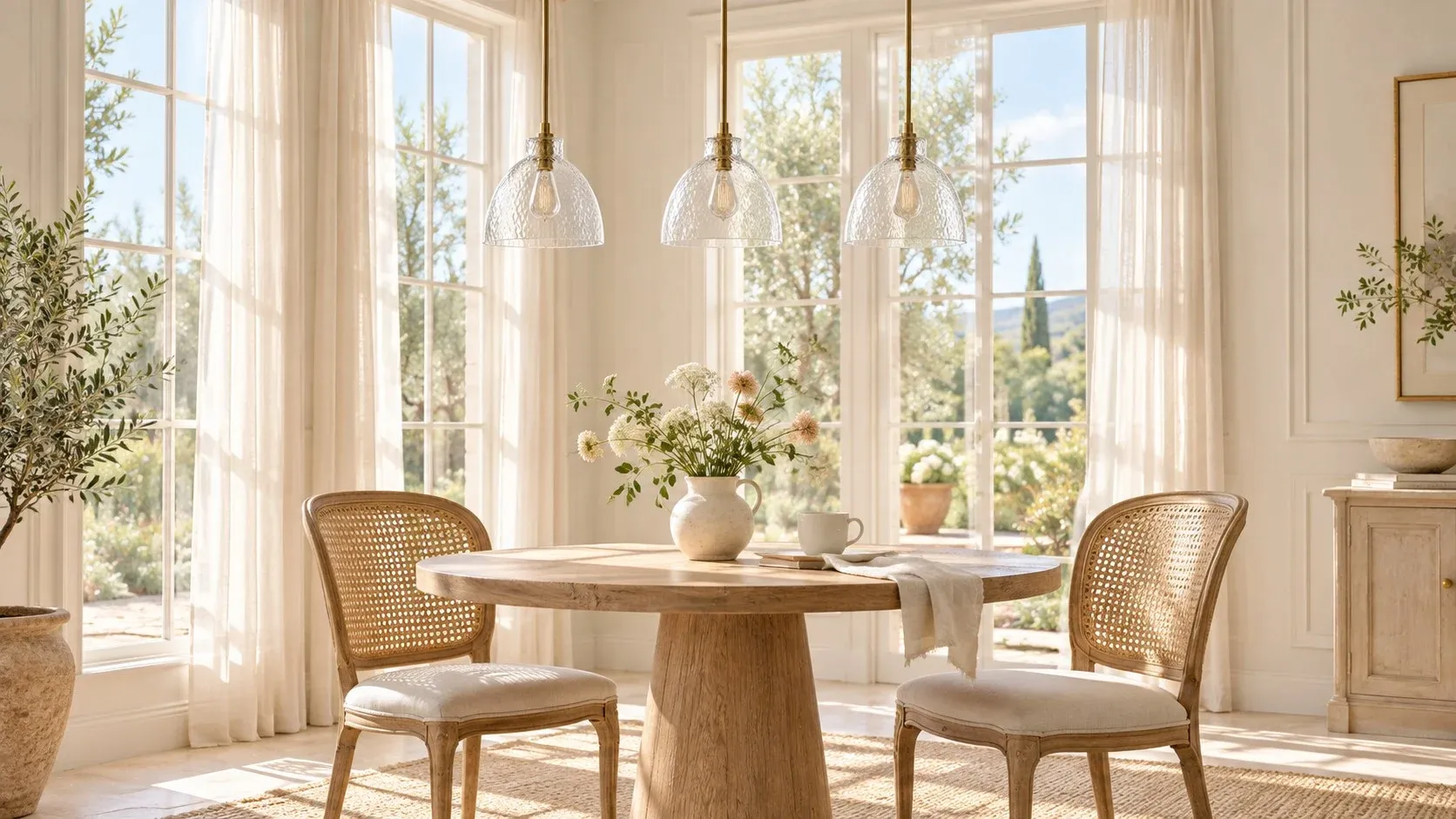 Three brass hammered glass pendants unlit over a dining table in daylight