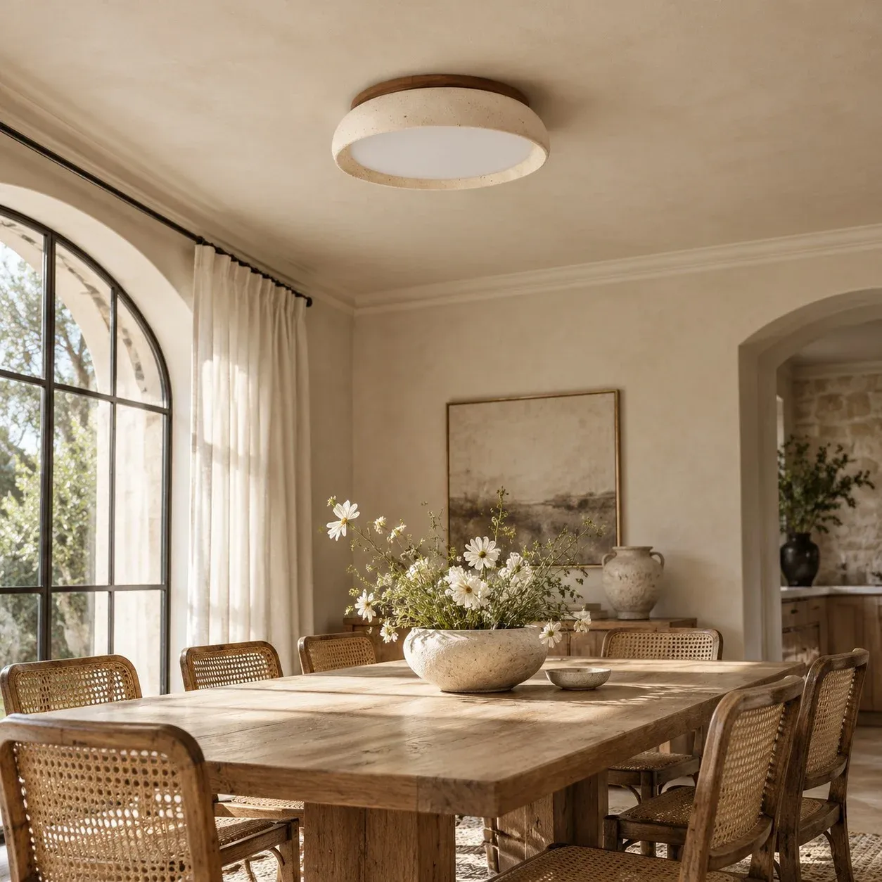 Travertine flush mount lit over a dining table in daylight