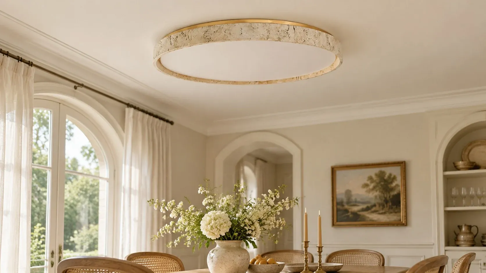Wood Color travertine flush mount unlit over a dining table in daylight