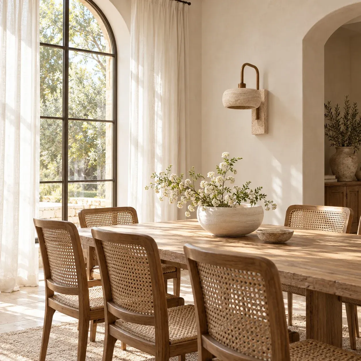 Rounded travertine wall sconce unlit in a sunlit dining room