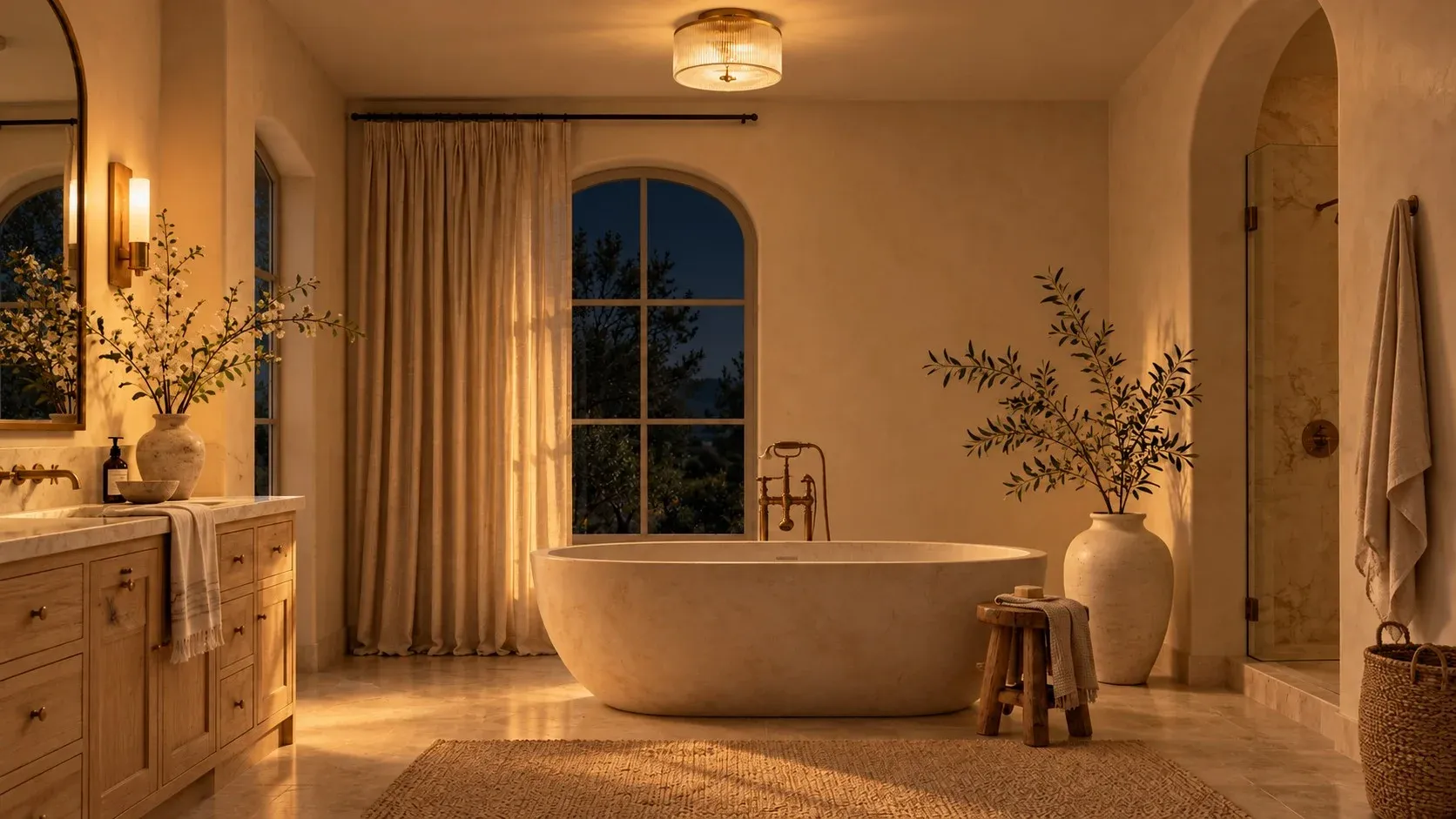 Brass ribbed glass drum ceiling light glowing in a bathroom at night