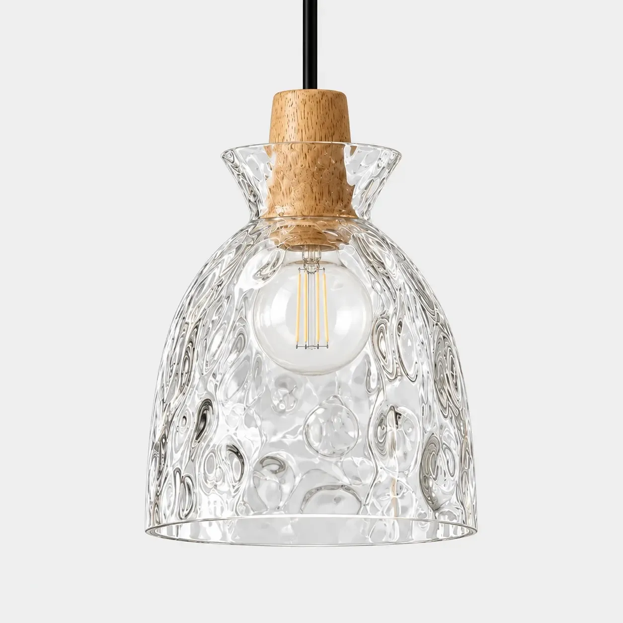 Hammered glass bell pendant with a wood collar