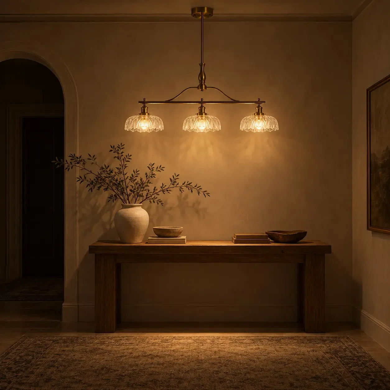 Brass three-shade chandelier lit over an entry console at night