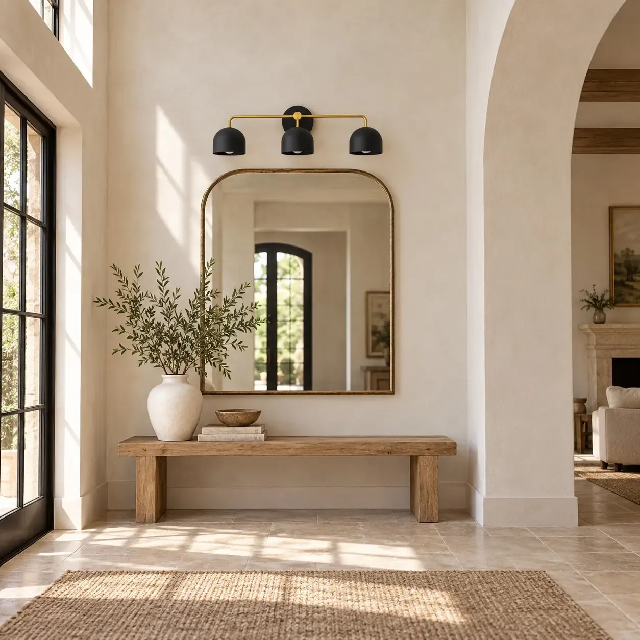 Black three-dome brass sconce, unlit, above an entry bench in daylight