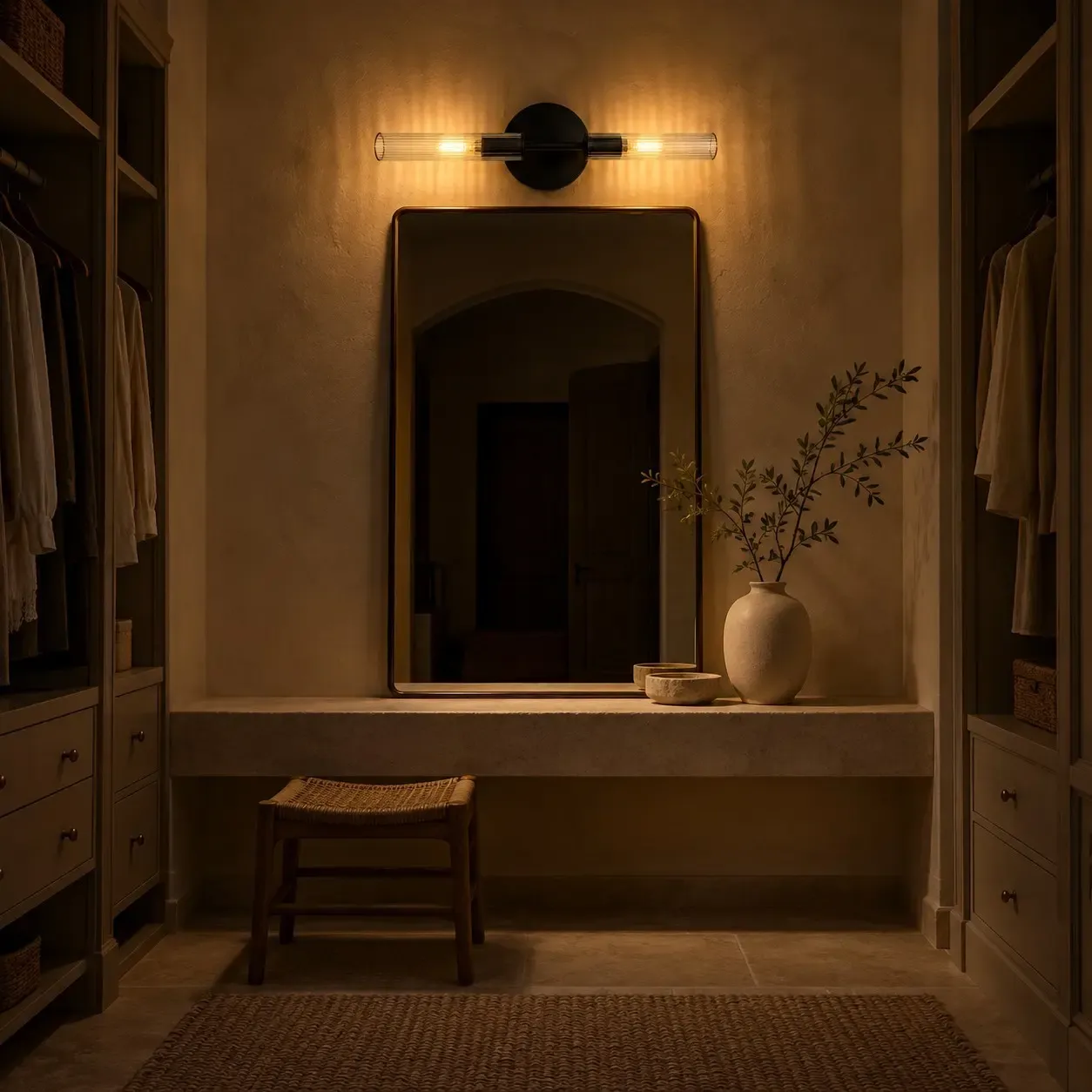 Bronze two-light tube sconce glowing in a dressing room at night