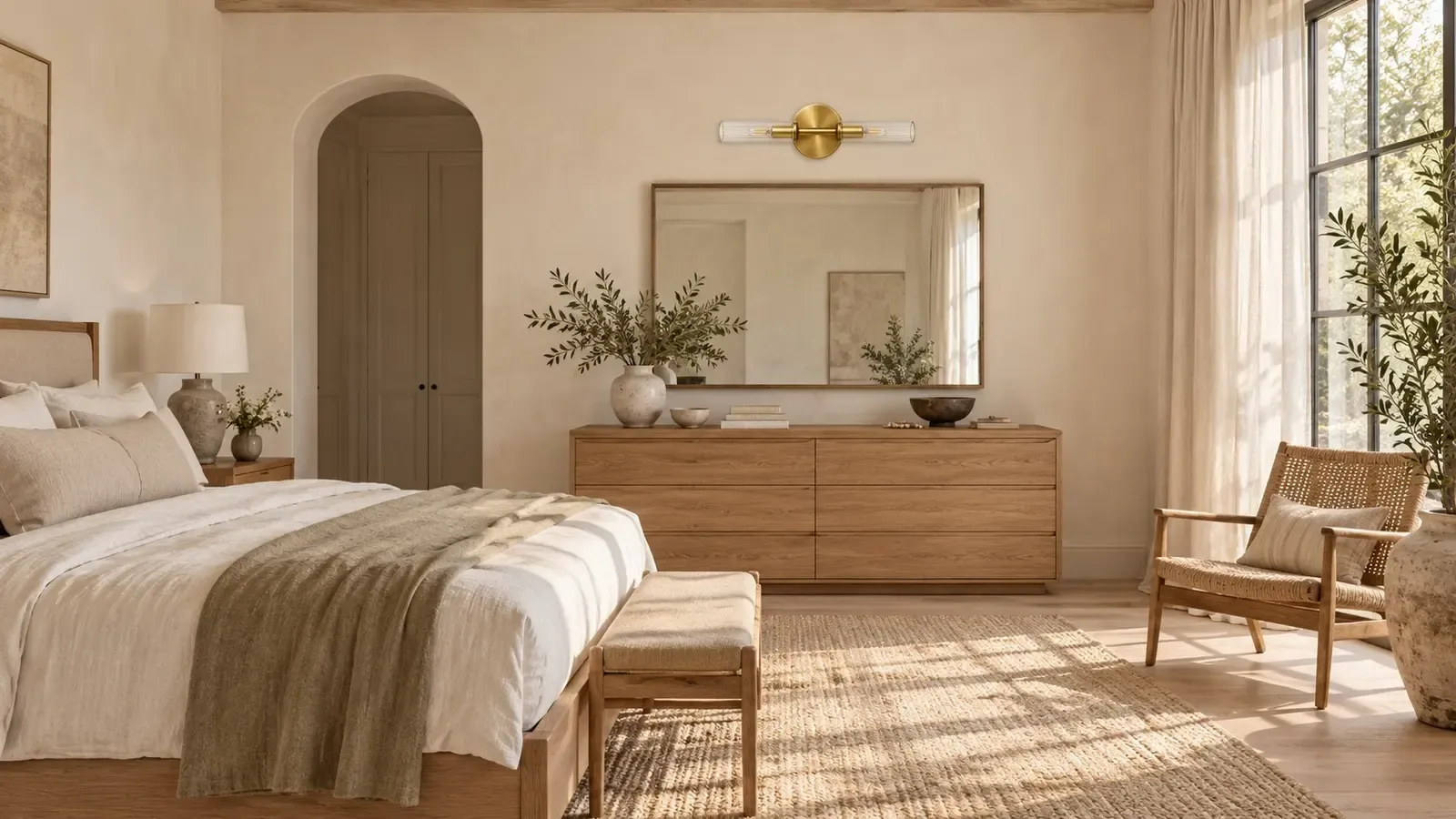 Brass two-light tube sconce unlit above a bedroom dresser in daylight
