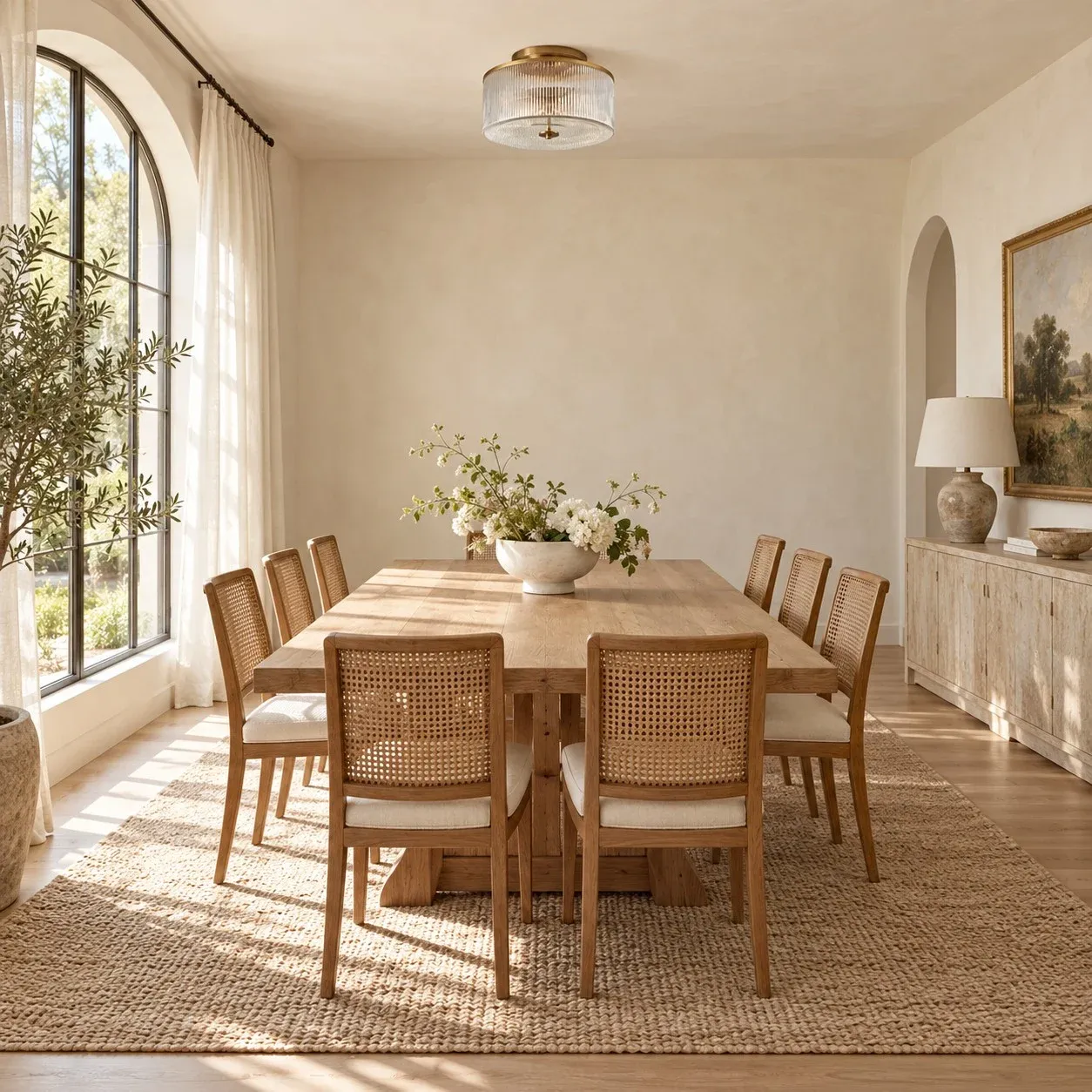 Brass ribbed glass drum ceiling light unlit in a second dining room