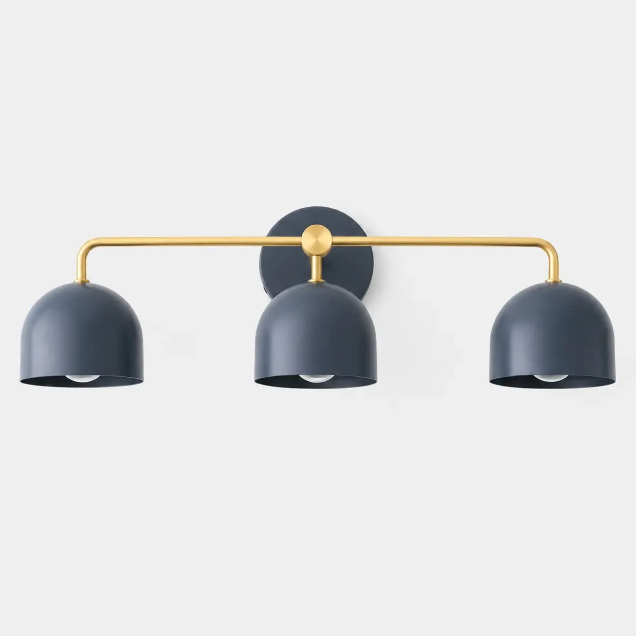 Brass three-head vanity sconce with coal blue dome shades