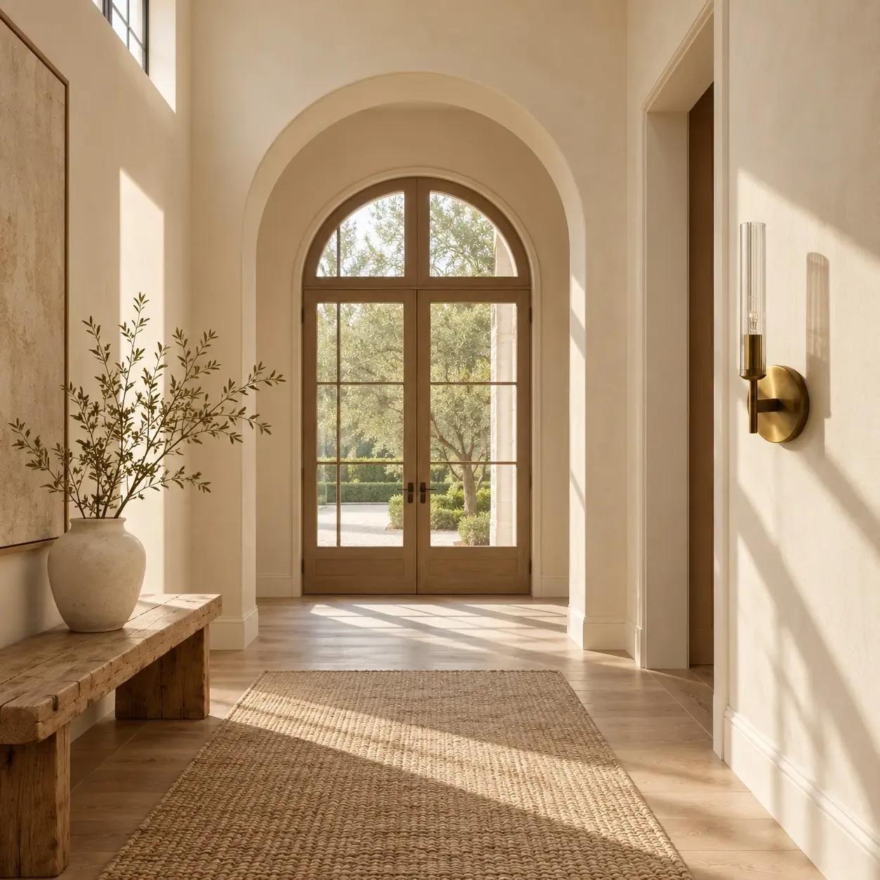 Brass one-light tube sconce unlit in an entry in daylight