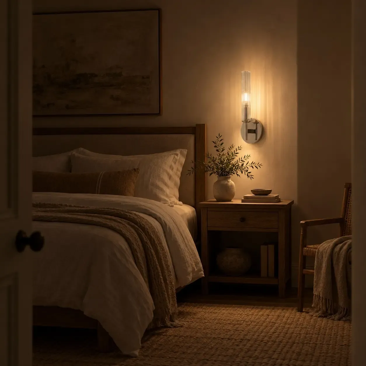 Chrome one-light tube sconce glowing beside a bed at night