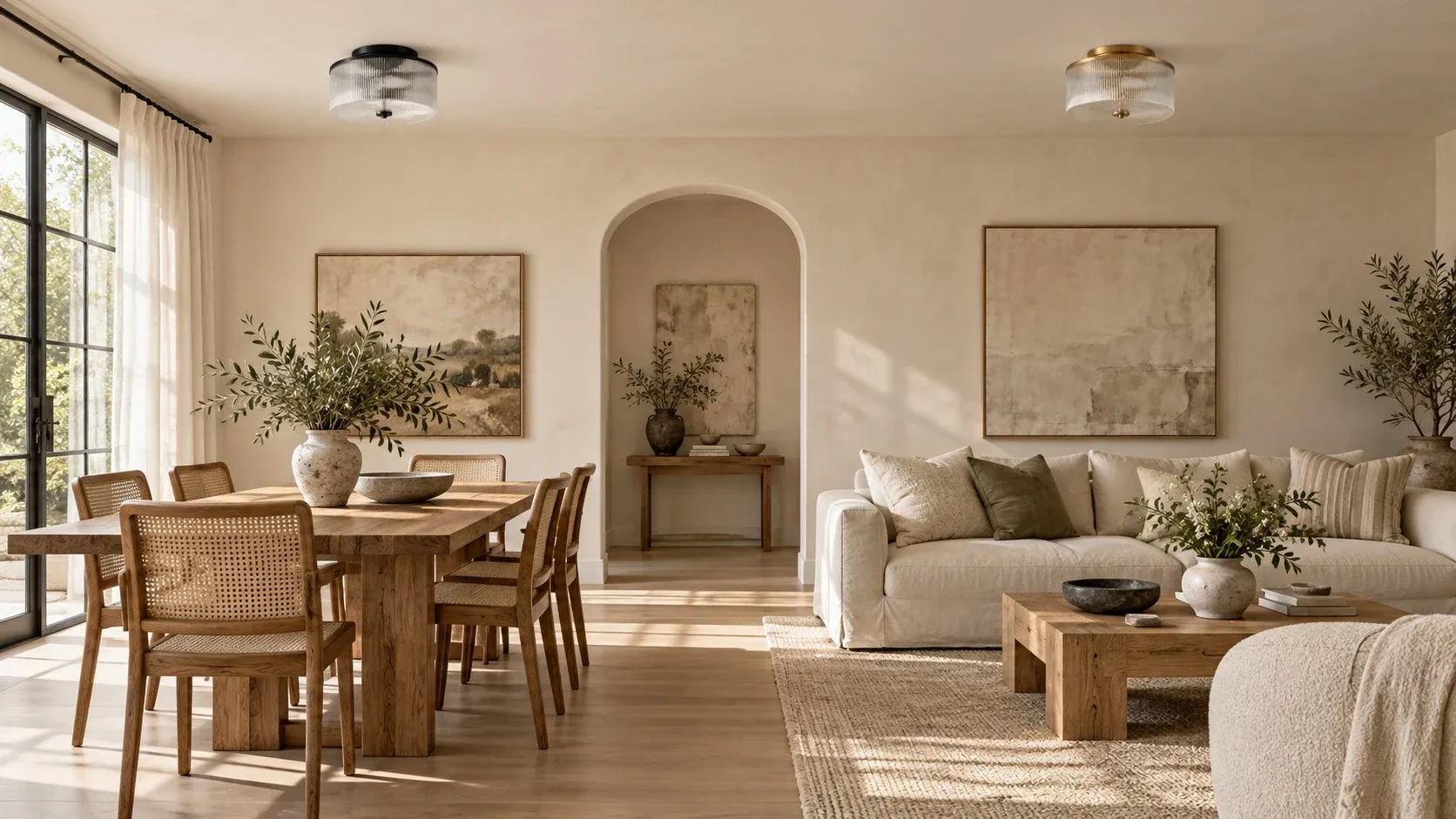 Black and brass ribbed glass drums unlit in a living and dining room