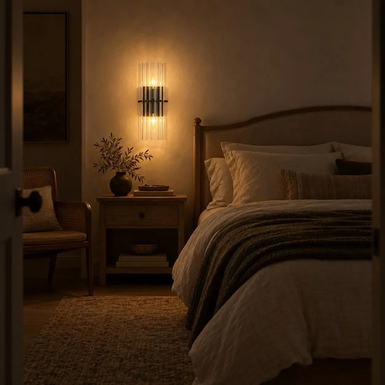 Bronze 2-light sconce lit beside a bed at night