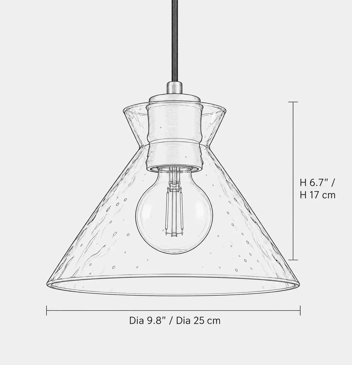 Line drawing of the cone pendant, 9.8 inches in diameter and 6.7 inches high
