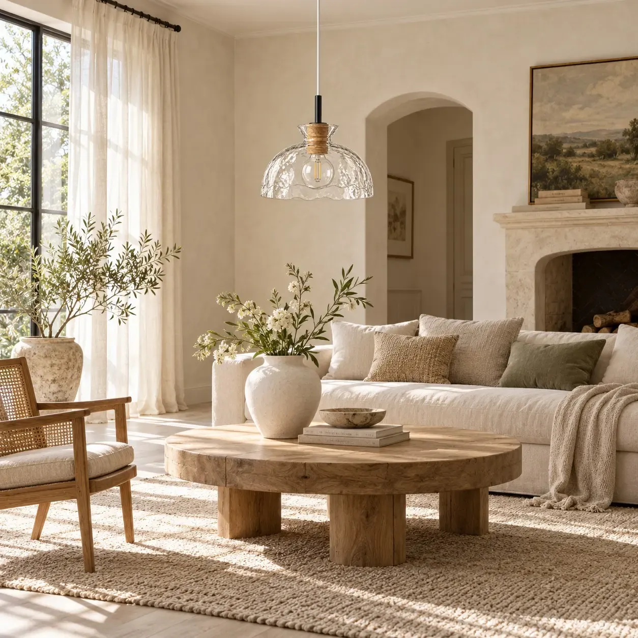 Hammered glass dome pendant unlit in a living room in daylight