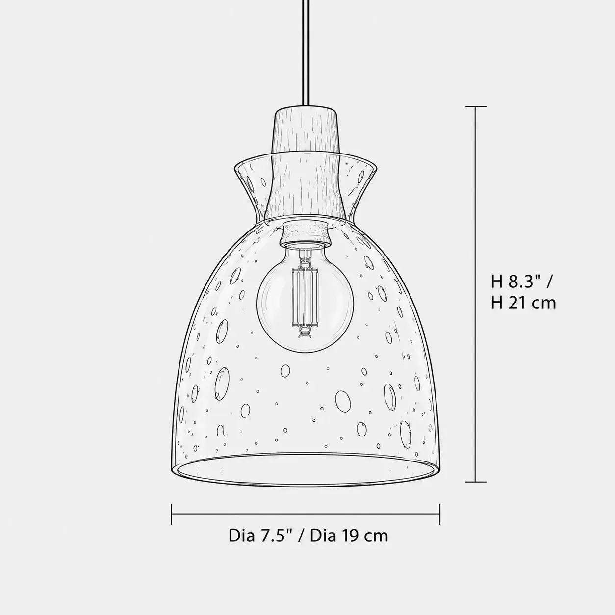 Line drawing of the bell pendant, 7.5 inches in diameter and 8.3 inches high