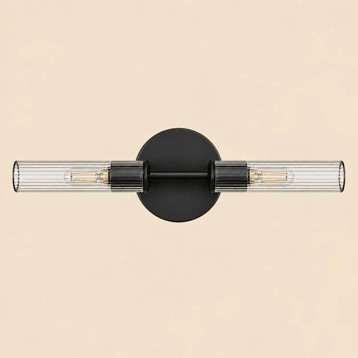 Bronze two-light ribbed glass tube wall sconce