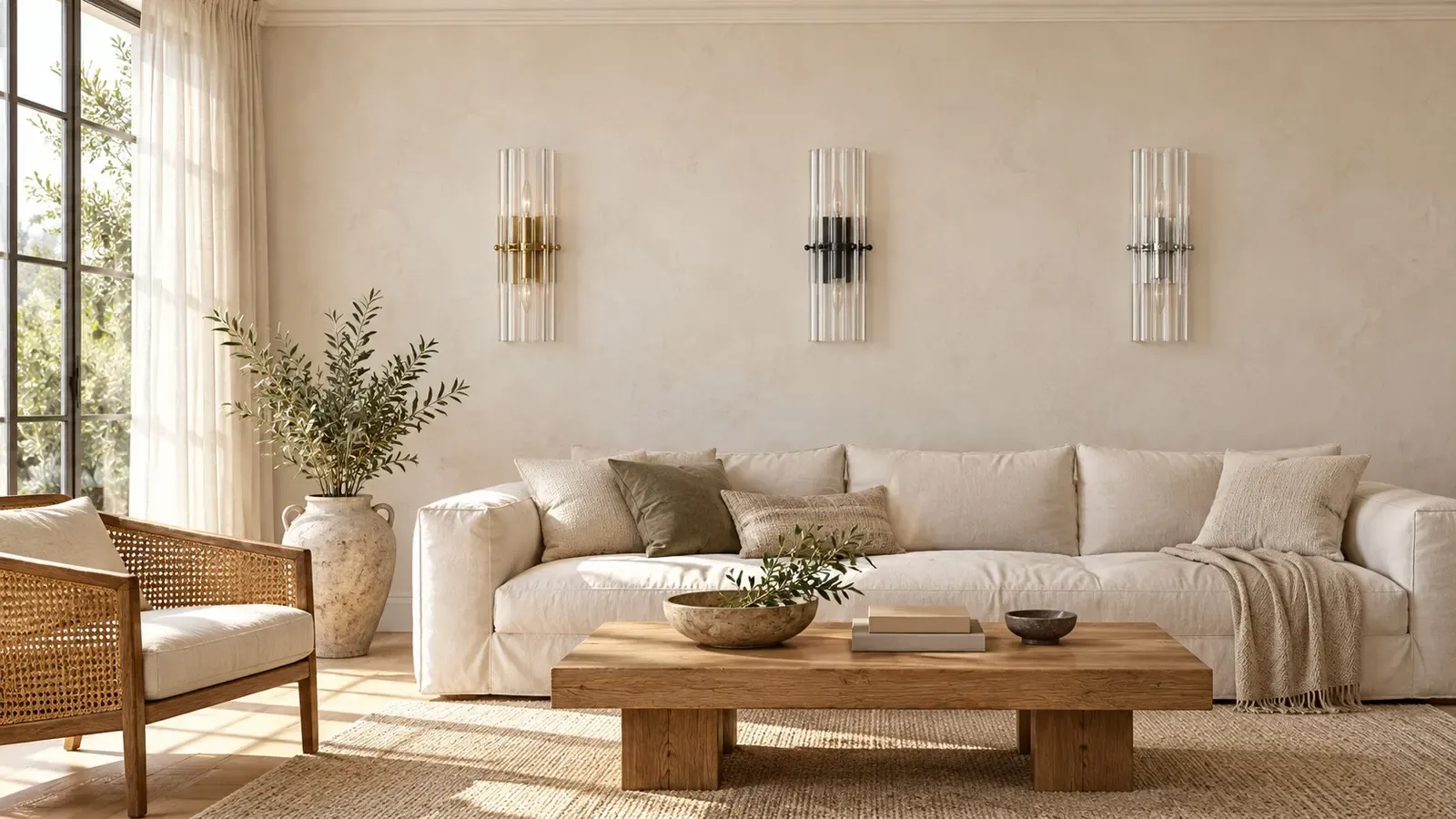 Three ribbed crystal wall sconces unlit above a sofa in daylight