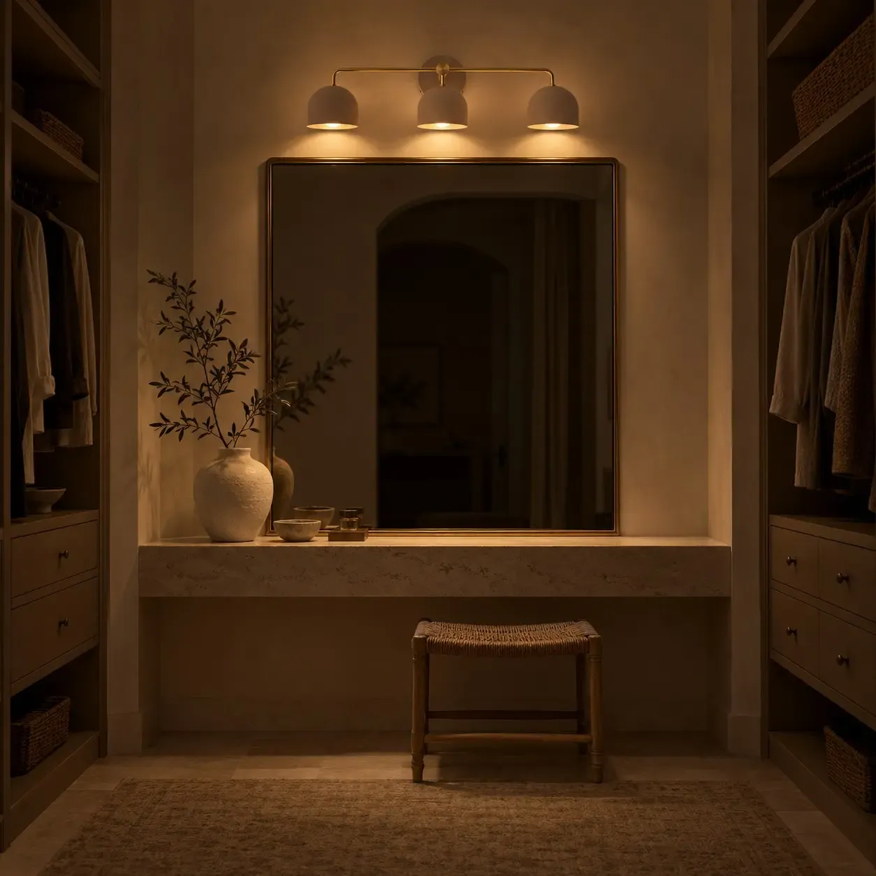 Mauve three-dome brass sconce glowing above a dressing-room mirror at night