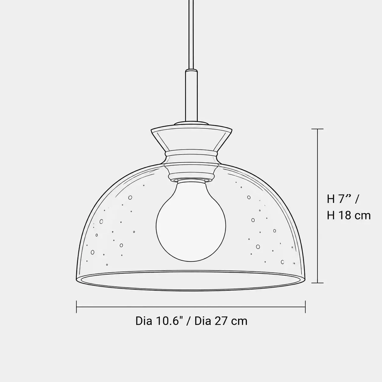 Line drawing of the dome pendant, 10.6 inches in diameter and 7 inches high