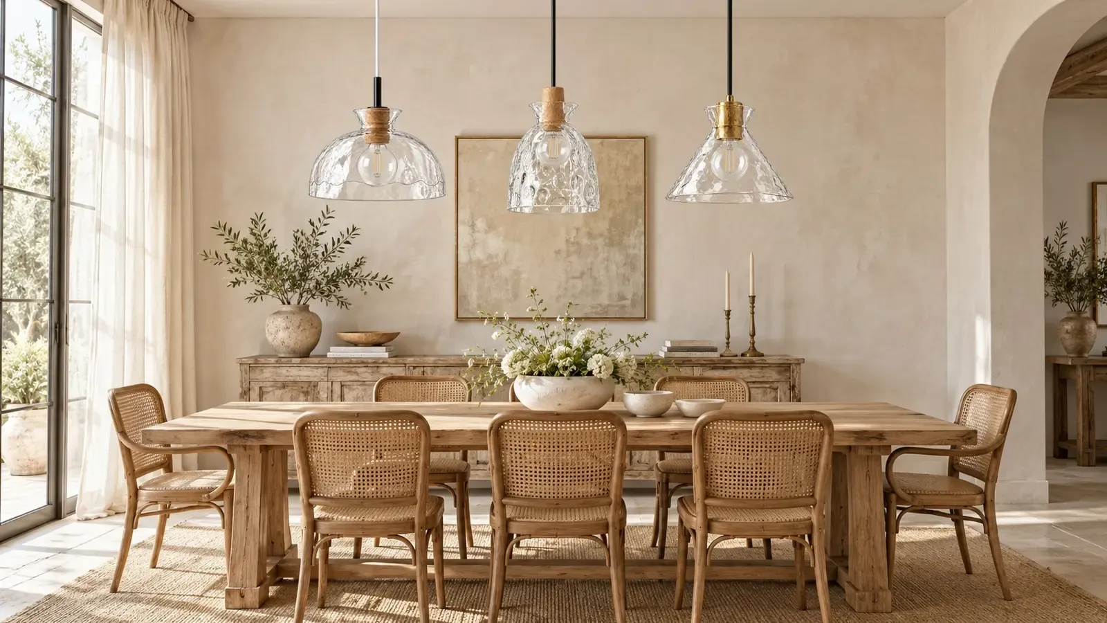 Dome, bell, and cone pendants unlit over a dining table in daylight