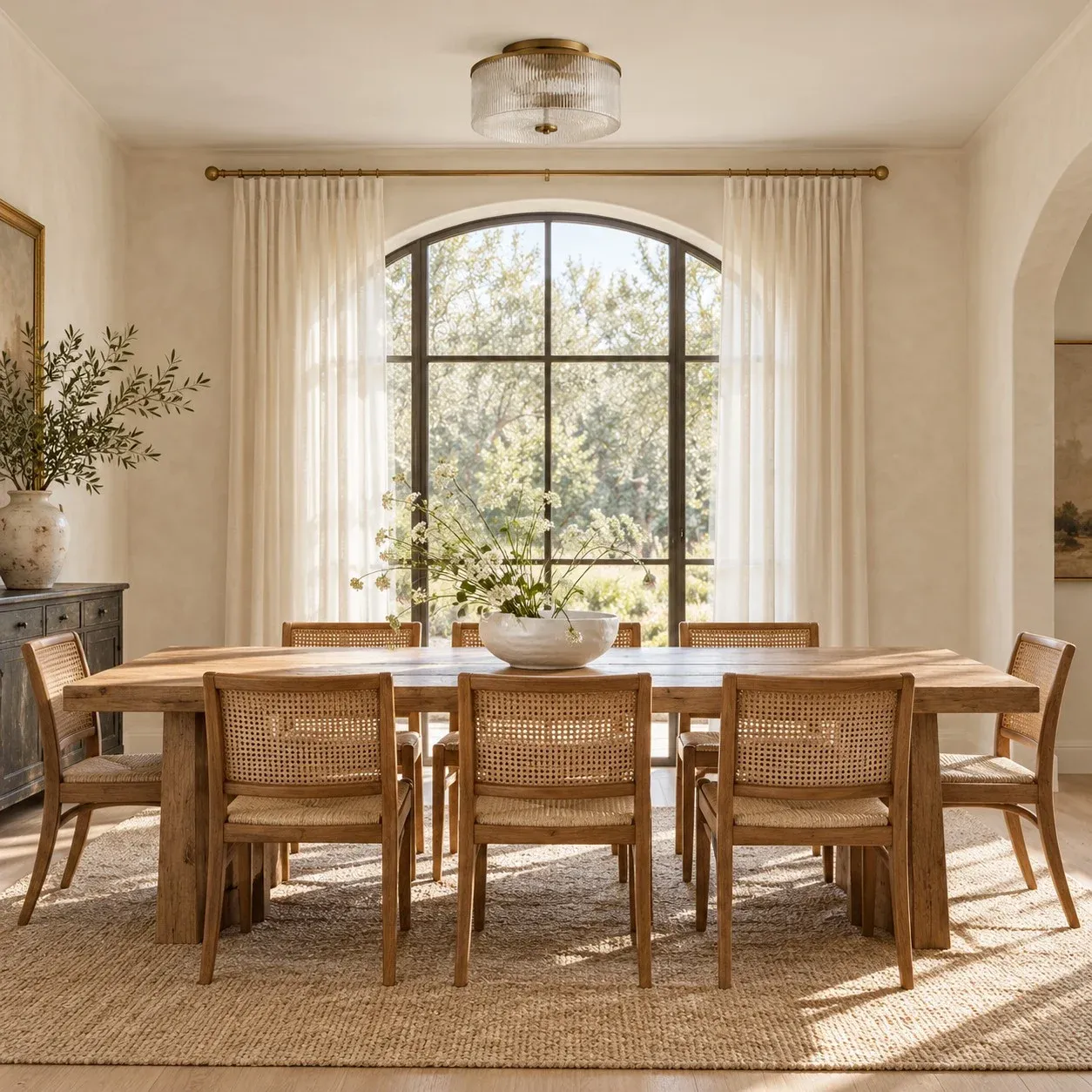 Brass ribbed glass drum ceiling light unlit over a dining table